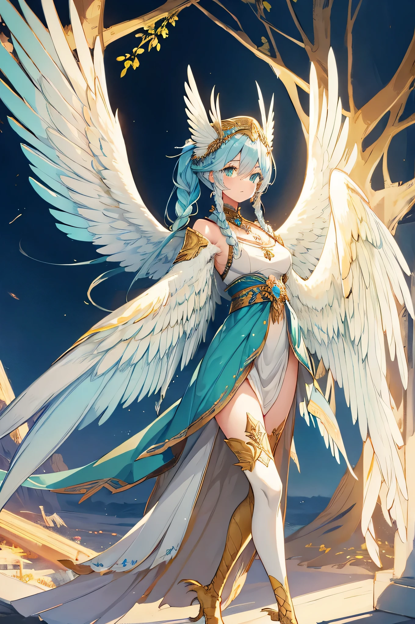 4k,High resolution,One Woman,Harpy,Light blue hair,Long Ponytail,Braid,Green Eyes,White Wings,Golden toenails,Valkyrie,White Holy Dress,Winged headgear,Jewelry decoration,Gold decoration,Temple in the Sky,Aurora Background