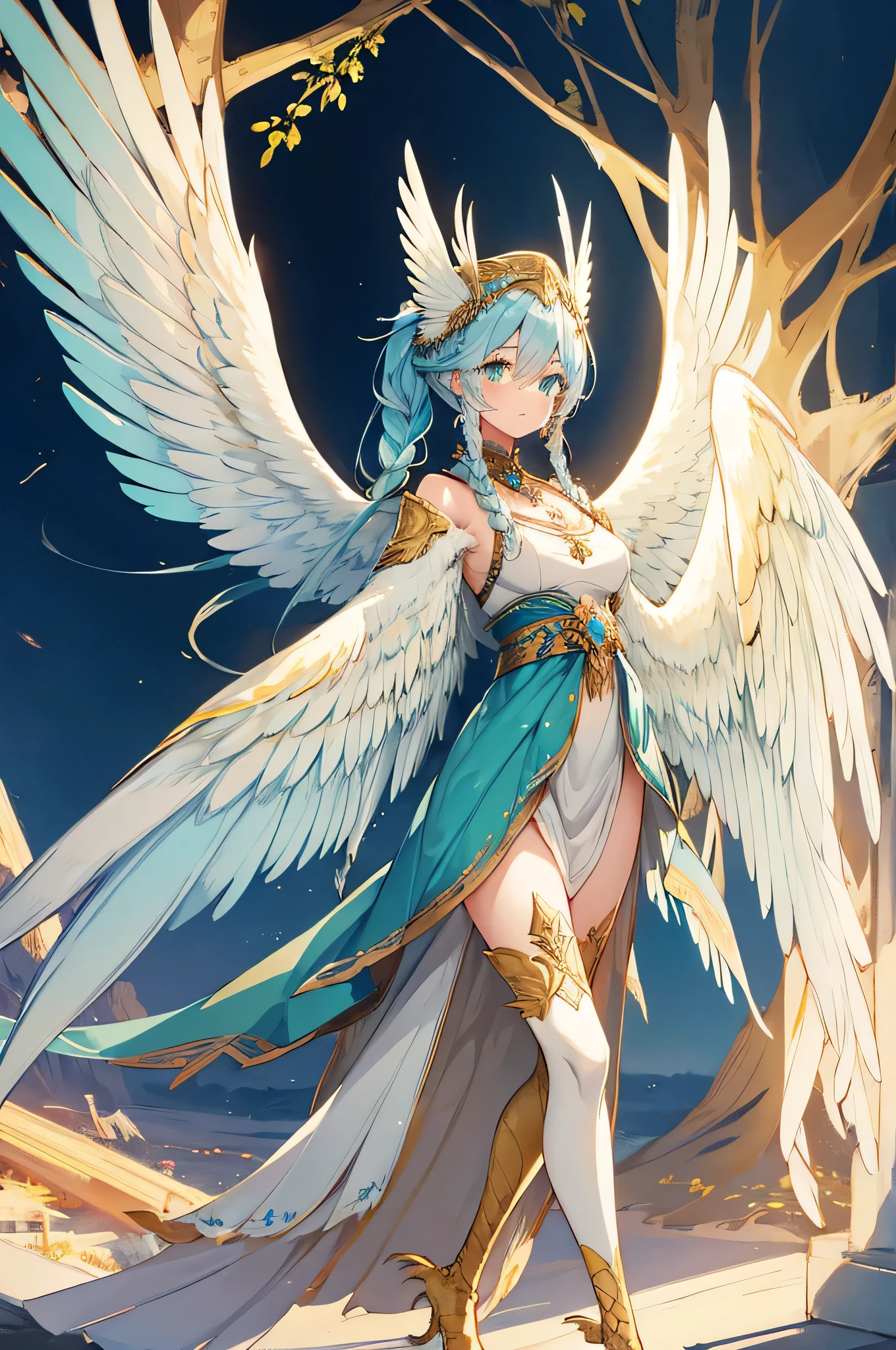 4k,Hohe Auflösung,Eine Frau,Harpyie,hellblaue Haare,langer Pferdeschwanz,flechten,grüne Augen,weiße Flügel,goldene Zehennägel,Valkyrie,Weißes Heiliges Kleid,Geflügelte Kopfbedeckung,Schmuckdekoration,Golddekoration,Tempel im Himmel,Aurora-Hintergrund