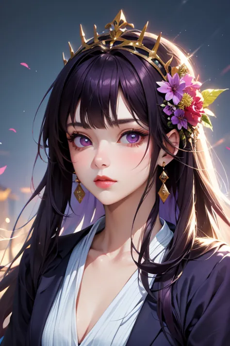 (masterpiece, highest quality), Intricate details, beautiful girl, Purple Hair, Blunt bangs, Light purple eyes, Sharp jawline, C...