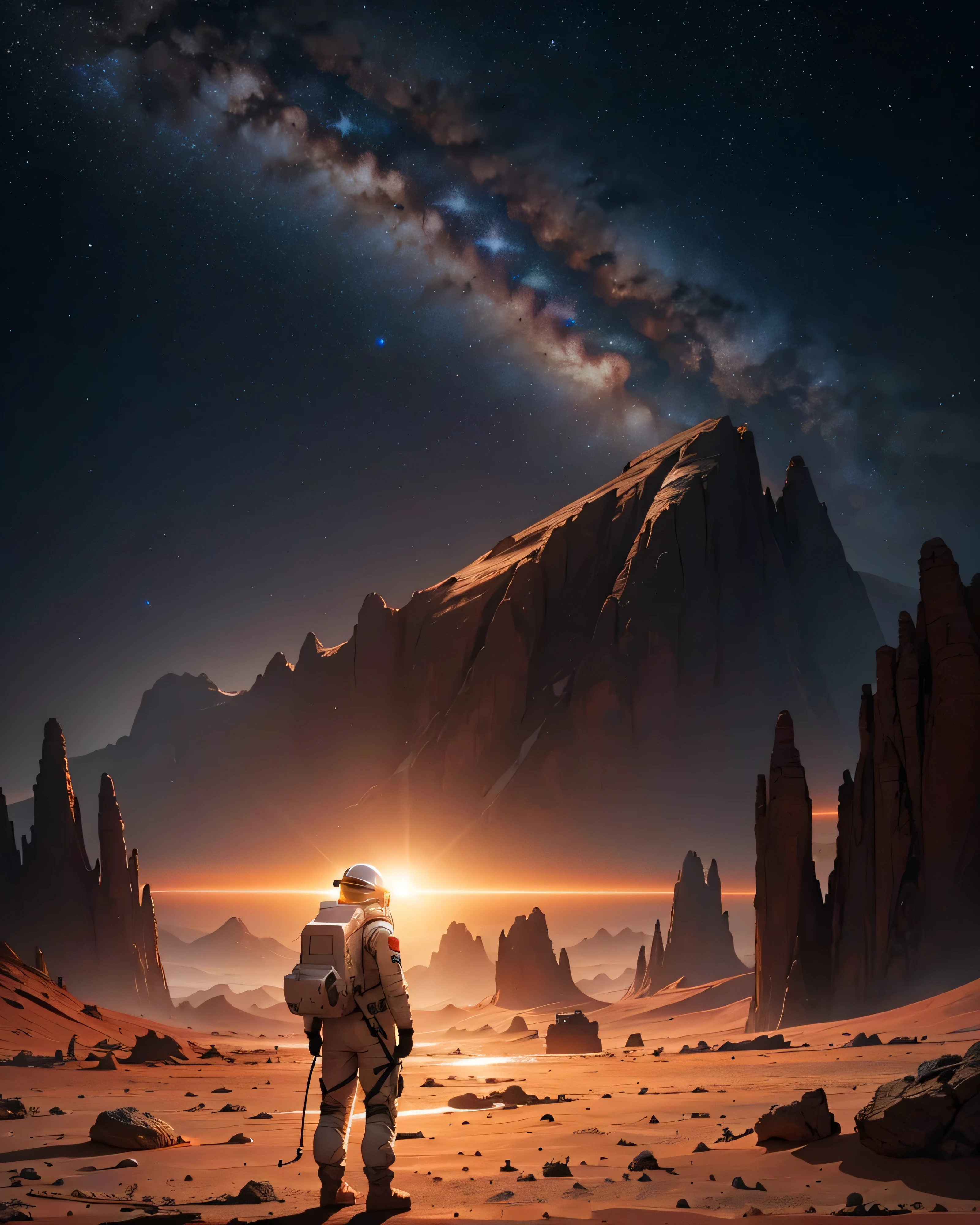 Create an illustration of an astronaut standing on the surface of Mars. The astronaut should be positioned in the foreground, standing upright and occupying approximately 1/5 of the viewer's screen. The spacesuit should be detailed, with a reflective helmet visor that subtly mirrors the surrounding Martian landscape. The scene should be set at night, with the sky illuminated by a myriad of stars, creating a beautiful and mesmerizing celestial display. A few distant planets and the Milky Way could be visible to add to the grandeur of the night sky. The Martian surface should feature a detailed landscape with rocky terrain, dust, and an array of stones and boulders, emphasizing the rugged environment of Mars. The background should include towering Martian mountains that add depth and scale to the scene, silhouetted against the starry sky. Ensure the composition balances the foreground and background elements harmoniously. Pay attention to details such as shadows and highlights to give a sense of realism and depth, capturing the serene yet awe-inspiring atmosphere of a Martian night.