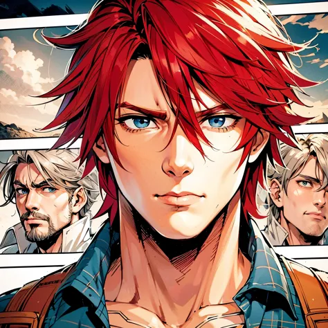 COMIC PANEL ANIME: BOKU NO HERO. Man with red long hair; blue eyes. He is wearing casual clothes. father vibe. father energy. ma...