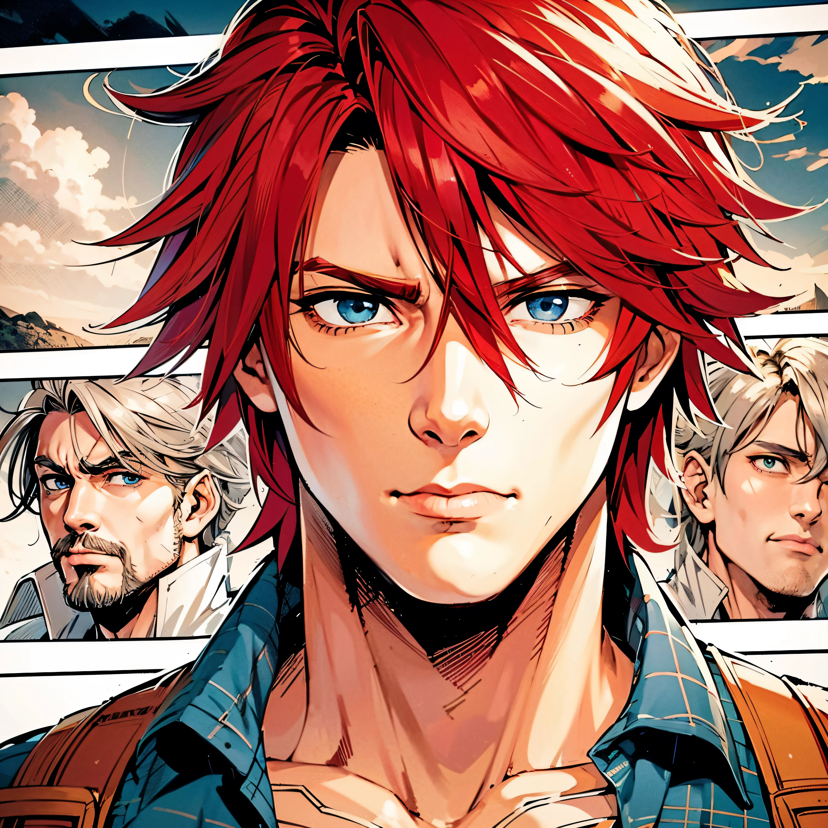 COMIC PANEL ANIME: BOKU NO HERO. Man with red long hair; blue eyes. He is wearing casual clothes. father vibe. father energy. mature man. adult man. Boku no Hero Art. MAPPA ART. BNHA ART. MNHA. MNHA ART.