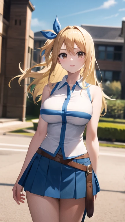 masterpiece, best quality, highres, lucy heartfilia, 1girl, solo, blonde hair, brown eyes, long hair, hair ribbon, large breasts, white shirt, sleeveless, belt, blue skirt, cowboy shot, standing, outdoors