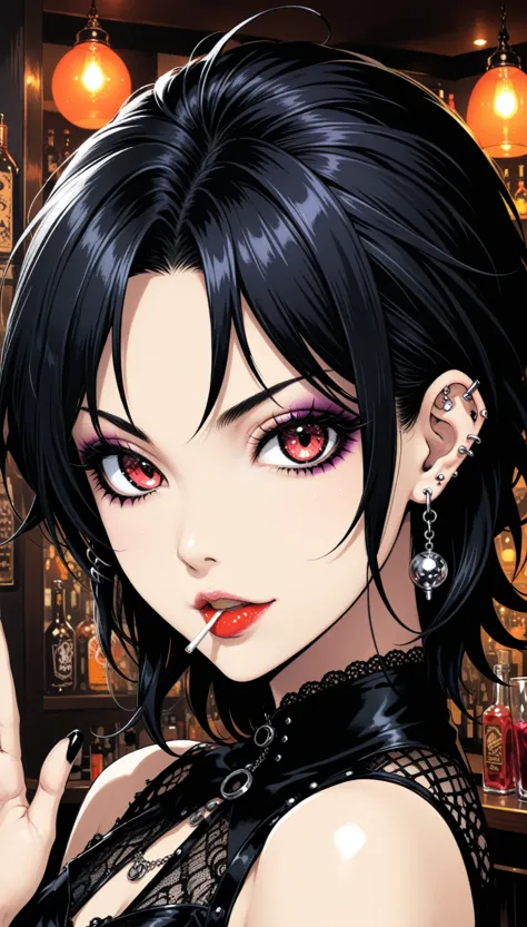 (in style of Takeshi Obata:0.9),(in style of Jillian Tamaki:0.9),
bar background,1 girl,gothic style,bonklers,lollipop candy int...