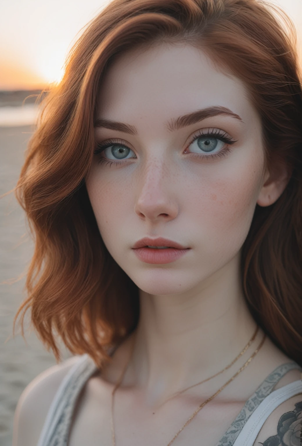 Cropped out face, A up close selfie photo of a half american half french 17 year old white pale skin, auburn hair,  showing cleavage, ultra detailed, dramatic, atmospheric, Masterpiece cinematic, clarity, 16mm, color graded portra 400 film, remarkable color, lip gloss, eyeliner, tattoos, hair follicles, subcutaneous veins, (cellulite), warm sunset on the northern coast of France