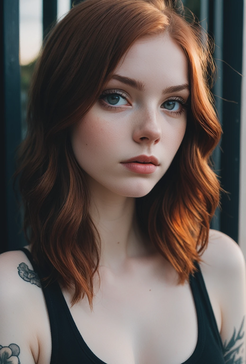 Cropped out face, A up close selfie photo of a half american half french 17 year old white pale skin, auburn hair,  showing cleavage, ultra detailed, dramatic, atmospheric, Masterpiece cinematic, clarity, 16mm, color graded portra 400 film, remarkable color, lip gloss, eyeliner, tattoos, hair follicles, subcutaneous veins, (cellulite), warm sunset on the northern coast of France