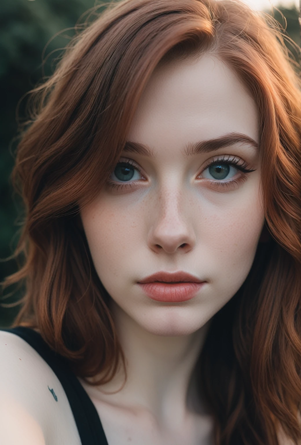 Cropped out face, A up close selfie photo of a half american half french 17 year old white pale skin, auburn hair,  showing cleavage, ultra detailed, dramatic, atmospheric, Masterpiece cinematic, clarity, 16mm, color graded portra 400 film, remarkable color, lip gloss, eyeliner, tattoos, hair follicles, subcutaneous veins, (cellulite), warm sunset on the northern coast of France