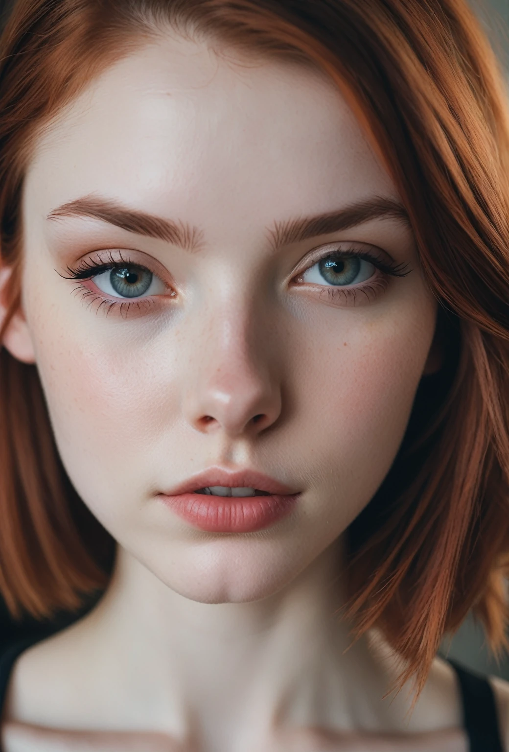 Cropped out face, A up close selfie photo of a half american half french 17 year old white pale skin, auburn hair,  showing cleavage, ultra detailed, dramatic, atmospheric, Masterpiece cinematic, clarity, 16mm, color graded portra 400 film, remarkable color, lip gloss, eyeliner, tattoos, hair follicles, subcutaneous veins, (cellulite), warm sunset on the northern coast of France