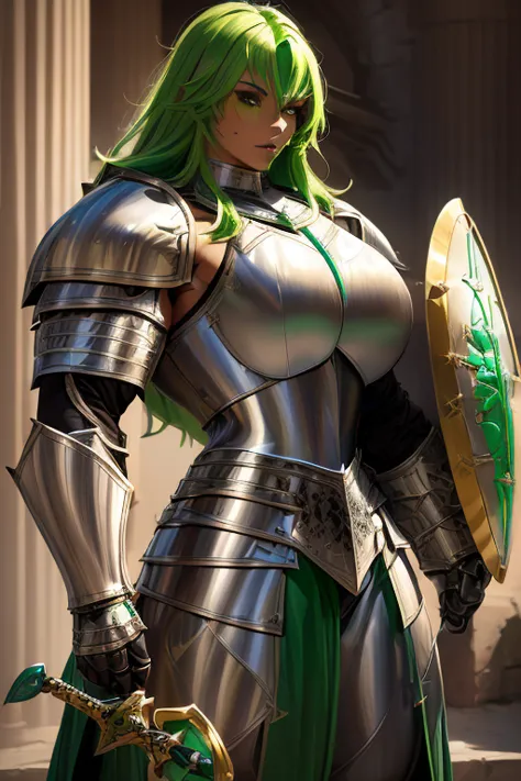 ((((massive, tall, beautiful, buff, muscular light brown skinned female knight with green hair, black lipstick, ginormous bulky ...