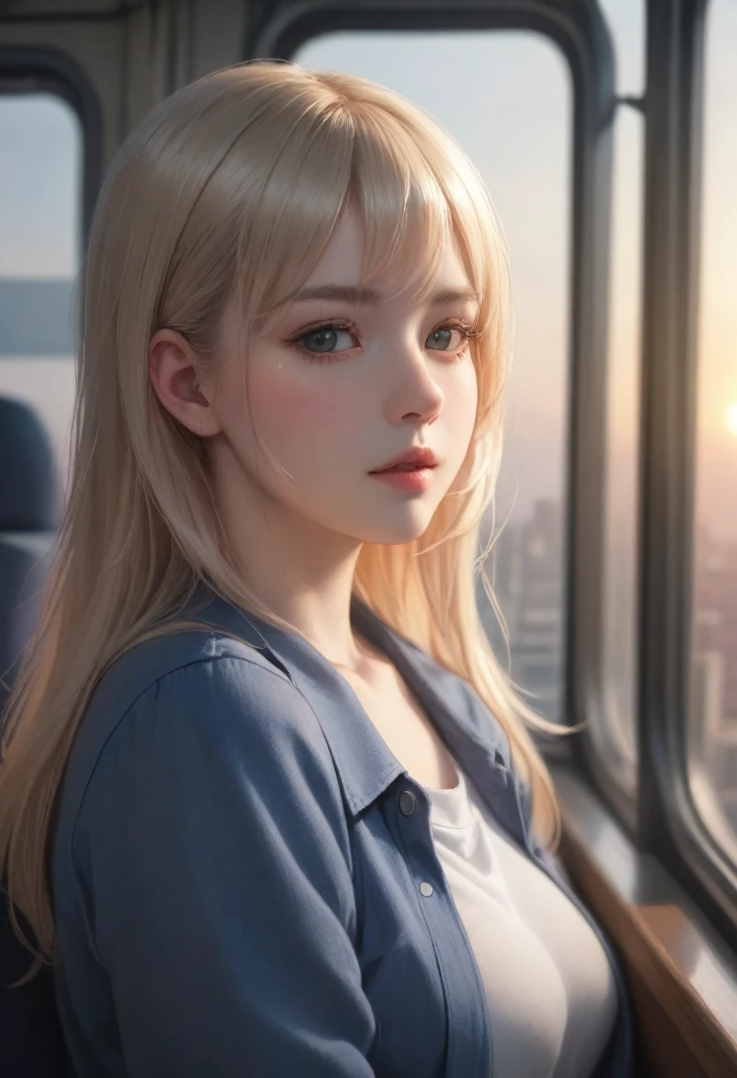 1girl on a train looking out the window, detailed anime portrait, lofi portrait at a window, beautiful anime girl, lofi portrait, lofi girl, anime girl portrait, gwyneth poe style artwork, high quality portrait, sunset, charming anime girl, cute anime girl, realistic cute girl illustration, anime style, (best quality,4k,8k,highres,masterpiece:1.2),ultra-detailed,(realistic,photorealistic,photo-realistic:1.37),HDR,UHD,studio lighting,ultra-fine painting,sharp focus,physically-based rendering,extreme detail description,professional,vivid colors,bokeh