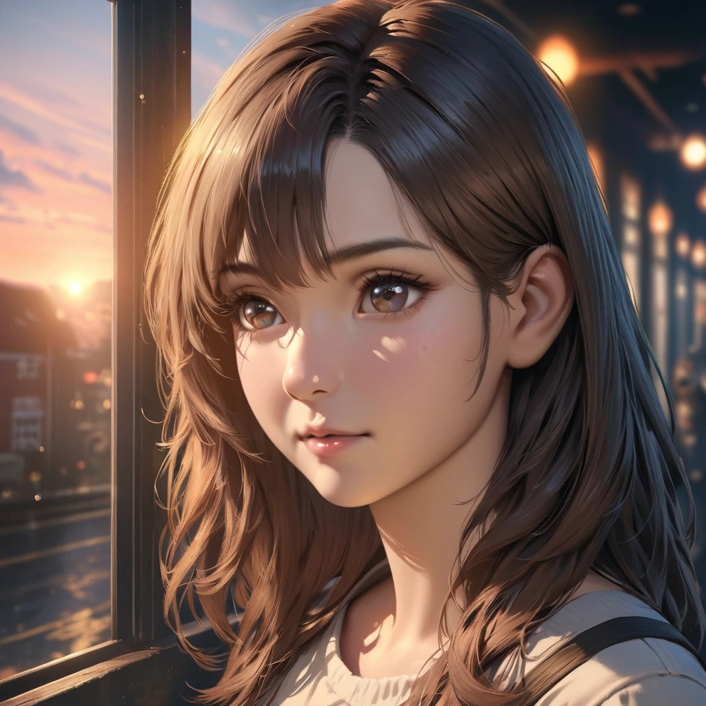 1girl on a train looking out the window, detailed anime portrait, lofi portrait at a window, beautiful anime girl, lofi portrait, lofi girl, anime girl portrait, gwyneth poe style artwork, high quality portrait, sunset, charming anime girl, cute anime girl, realistic cute girl illustration, anime style, (best quality,4k,8k,highres,masterpiece:1.2),ultra-detailed,(realistic,photorealistic,photo-realistic:1.37),HDR,UHD,studio lighting,ultra-fine painting,sharp focus,physically-based rendering,extreme detail description,professional,vivid colors,bokeh