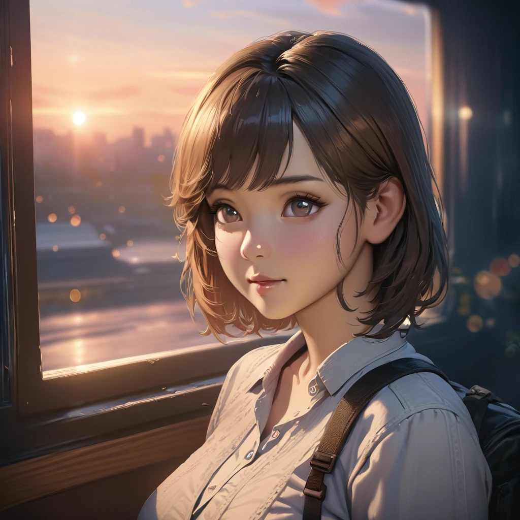 1girl on a train looking out the window, detailed anime portrait, lofi portrait at a window, beautiful anime girl, lofi portrait, lofi girl, anime girl portrait, gwyneth poe style artwork, high quality portrait, sunset, charming anime girl, cute anime girl, realistic cute girl illustration, anime style, (best quality,4k,8k,highres,masterpiece:1.2),ultra-detailed,(realistic,photorealistic,photo-realistic:1.37),HDR,UHD,studio lighting,ultra-fine painting,sharp focus,physically-based rendering,extreme detail description,professional,vivid colors,bokeh