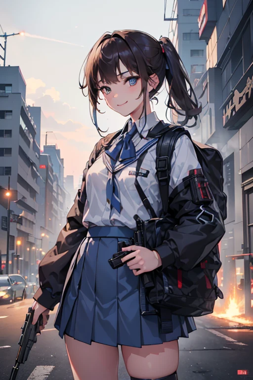 ({Very Aesthetic}, {Very Detailed}, {Very Real}, ,1 Cute Girl, from front, brown hair, semiLong Hair, Handsome Face, Delicate Eyes, (school uniform),Delicate Body, smile, (blue skirt),Hold a machine gun, Battlefield city with smoke rising,sensei,tooimage, cyberpunk, futuristic city