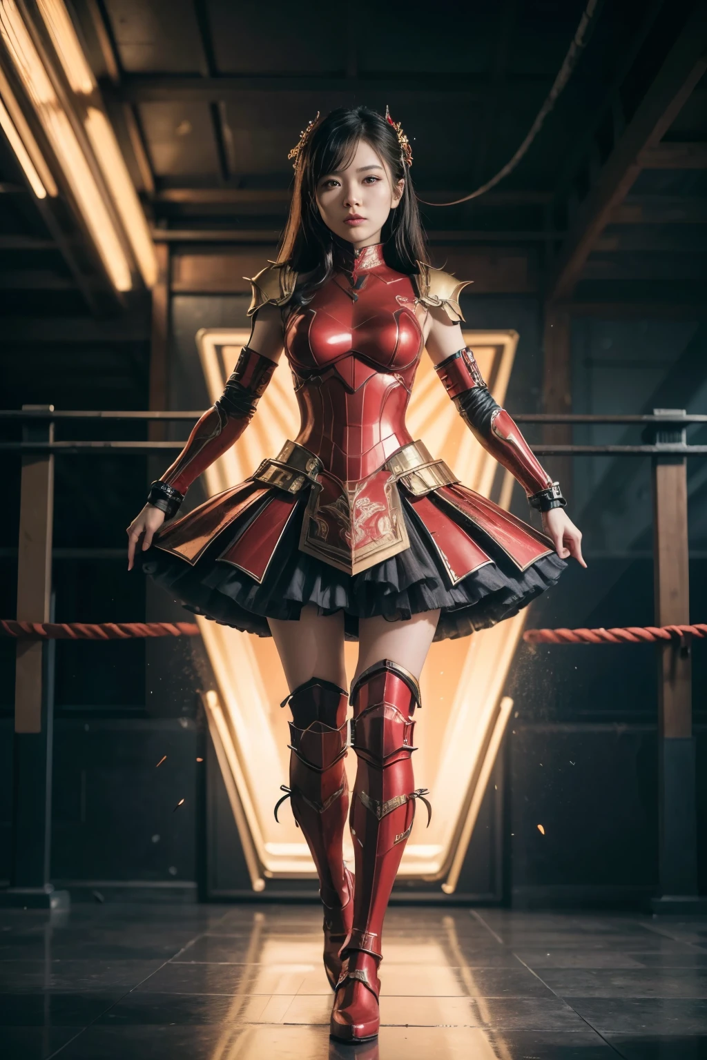 (high quality), (masterpiece), (detailed), 8K, Hyper-realistic portrayal of a futuristic (1girl1.2), Japanese character surrounded by red Metallic armor, full body suit, detail body red iron, detail breast skin white, detail thight skin, red Metallic iron shoes. Meticulous details capture the dynamic fusion of tradition and innovation in this visually stunning composition. Trending on Artstation.