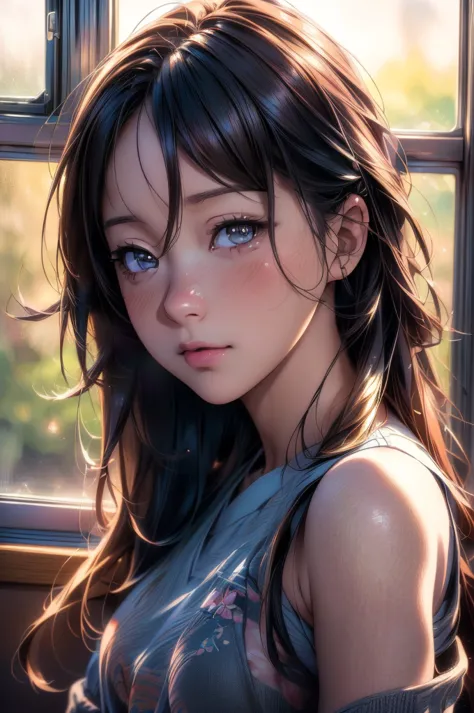 1girl on a train looking out the window, detailed anime portrait, lofi portrait at a window, beautiful anime girl, lofi portrait...