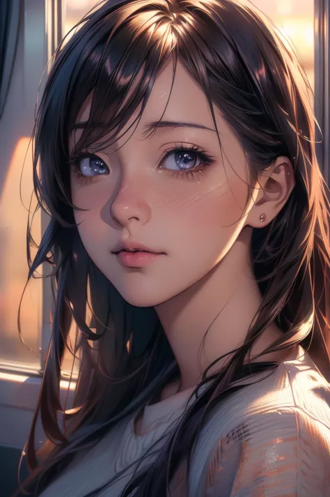 1girl on a train looking out the window, detailed anime portrait, lofi portrait at a window, beautiful anime girl, lofi portrait...