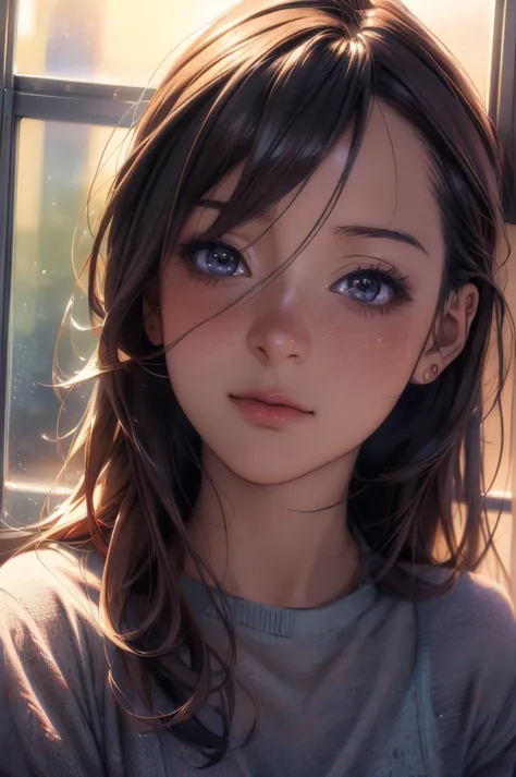 1girl on a train looking out the window, detailed anime portrait, lofi portrait at a window, beautiful anime girl, lofi portrait...