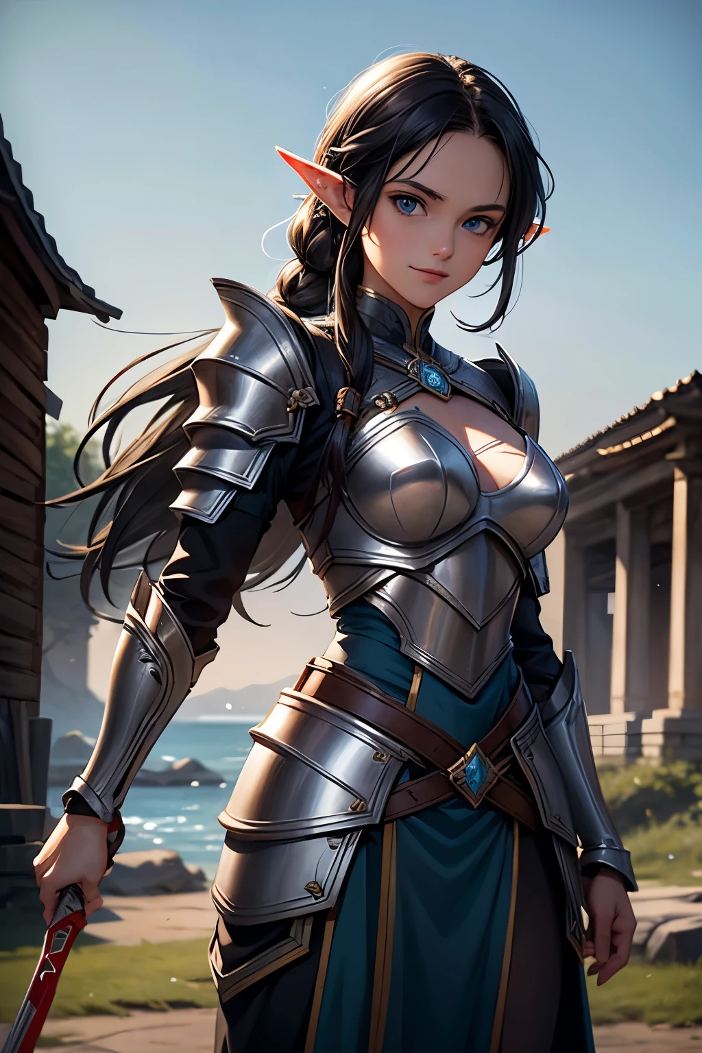 Artwork, best quality, 1 female elf, 1 girl, long black hair in braids, blue eyes, small bust, looking at viewer, weapons depot, Alone, Beautiful 18 year old elf wearing light battle armor, testing new sword with a euphoric smile, weapons depot scenario