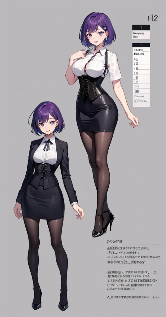 Purple hair,short hair,Adult female,(suit),Dress shirt,((Roll up your sleeves)),(Corset),(Tight skirt),(high heels),The heel is visible,((Simple background)),Smile,((Full body)),((whole body)),Character Sheet,