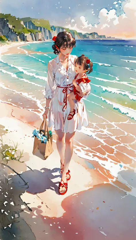 1small girl and mother, beach, red sandal, 