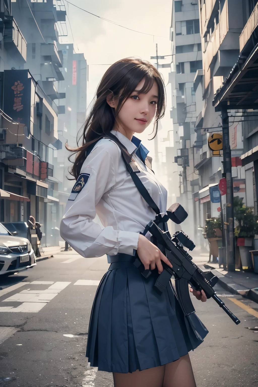 ({Very Aesthetic}, {Very Detailed}, {Very Real}, ,1 Cute Girl, from front, brown hair, semiLong Hair, Handsome Face, Delicate Eyes, (school uniform),Delicate Body, smile, (blue skirt),Hold a machine gun, Battlefield city with smoke rising,sensei,tooimage, cyberpunk, futuristic city