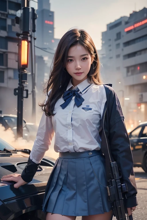 ({Very Aesthetic}, {Very Detailed}, {Very Real}, ,1 Cute Girl, from front, brown hair, semiLong Hair, Handsome Face, Delicate Eyes, (school uniform),Delicate Body, smile, (blue skirt),Hold a machine gun, Battlefield city with smoke rising,sensei,tooimage, cyberpunk, futuristic city
