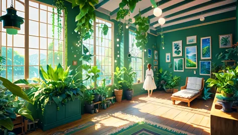  woman in culture capsule, room full of houseplants, best quality, 4k, 8k, highres, masterpiece:1.2, ultra-detailed, realistic, ...