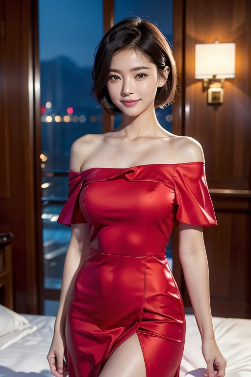 (8K, highest quality, masterpiece: 1.2), (realistic, photo-realistic: 1.37), super detailed, ((( 1 asian girl))), alone, beautifully detailed sky, detailed hotel, Night, standing, date, (blushing), (smiling: 1.15), (closed mouth) small breasts, beautiful fine eyes, (shirt: 1.1), red sexy Off-the-shoulder dress, (short hair: 1.2), Floating hair NovaFrogStyle, ( body)), standing, sexy, attractive