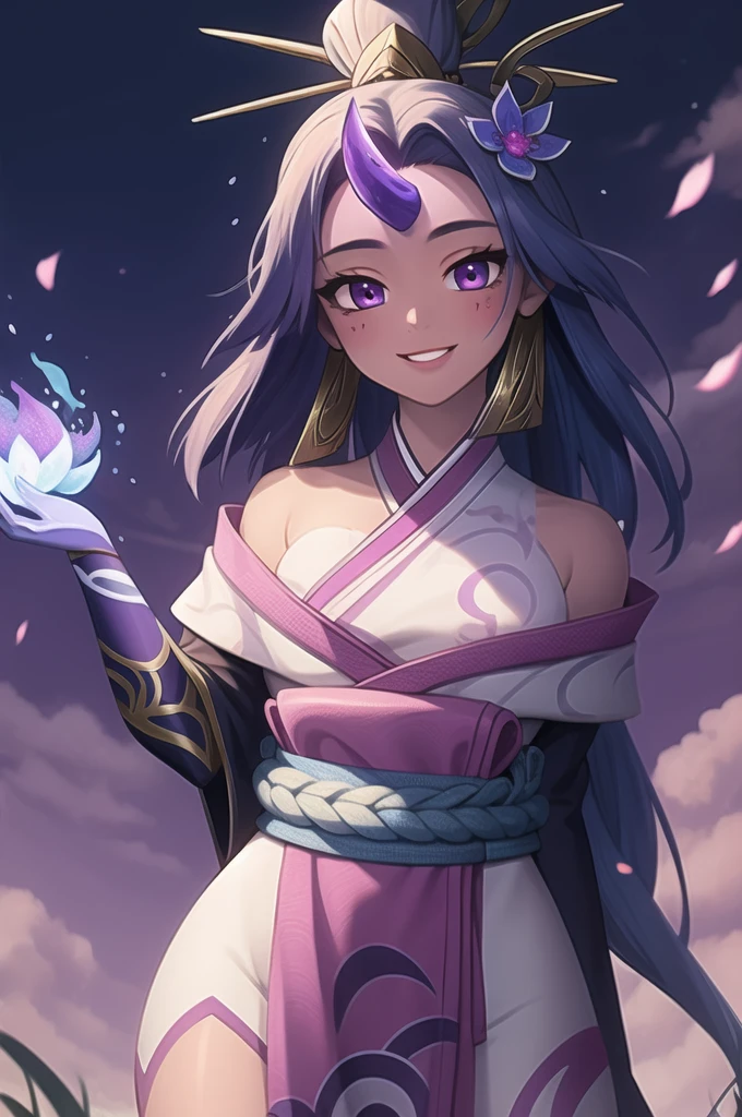 (masterpiece, best quality:1.2), intricate details, spirit blossom soraka, 1girl, purple skin, colored skin, single horn, kimono, hair ornament, bare shoulders, smile