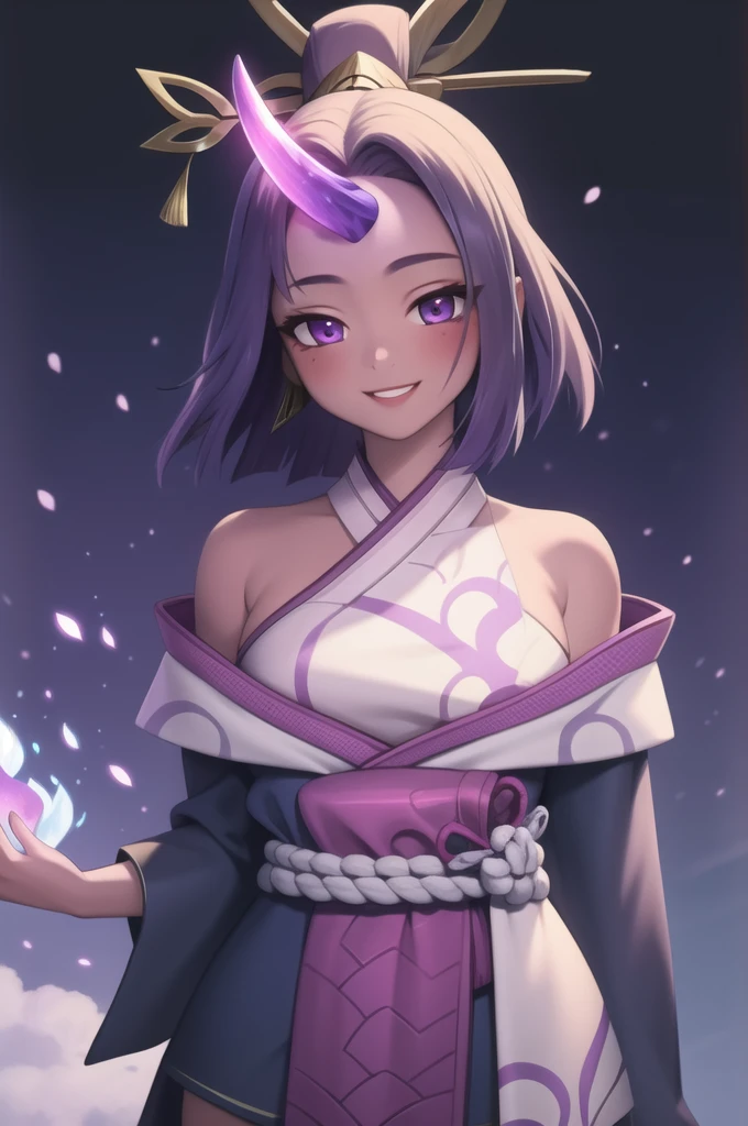 (masterpiece, best quality:1.2), intricate details, spirit blossom soraka, 1girl, purple skin, colored skin, single horn, kimono, hair ornament, bare shoulders, smile