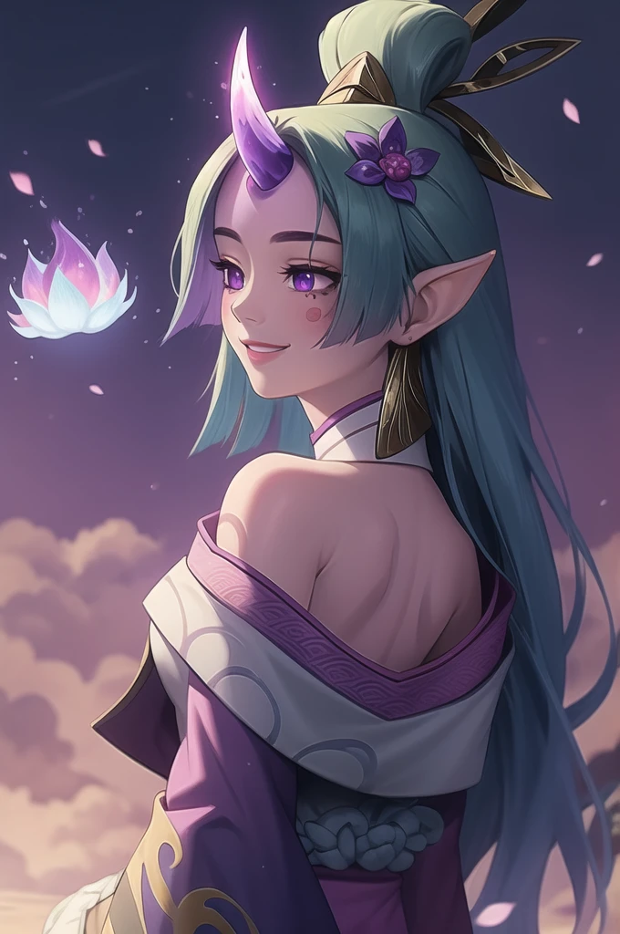 (masterpiece, best quality:1.2), intricate details, spirit blossom soraka, 1girl, purple skin, colored skin, single horn, kimono, hair ornament, bare shoulders, smile