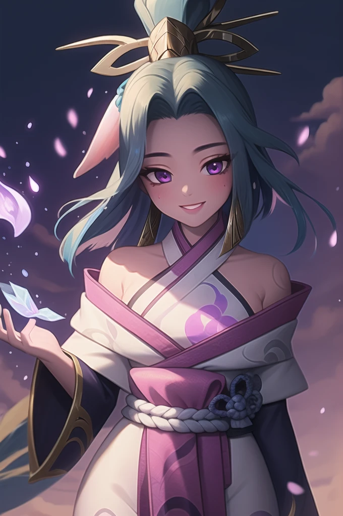 (masterpiece, best quality:1.2), intricate details, spirit blossom soraka, 1girl, purple skin, colored skin, single horn, kimono, hair ornament, bare shoulders, smile