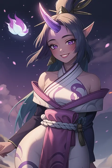 (masterpiece, best quality:1.2), intricate details, spirit blossom soraka, 1girl, purple skin, colored skin, single horn, kimono...