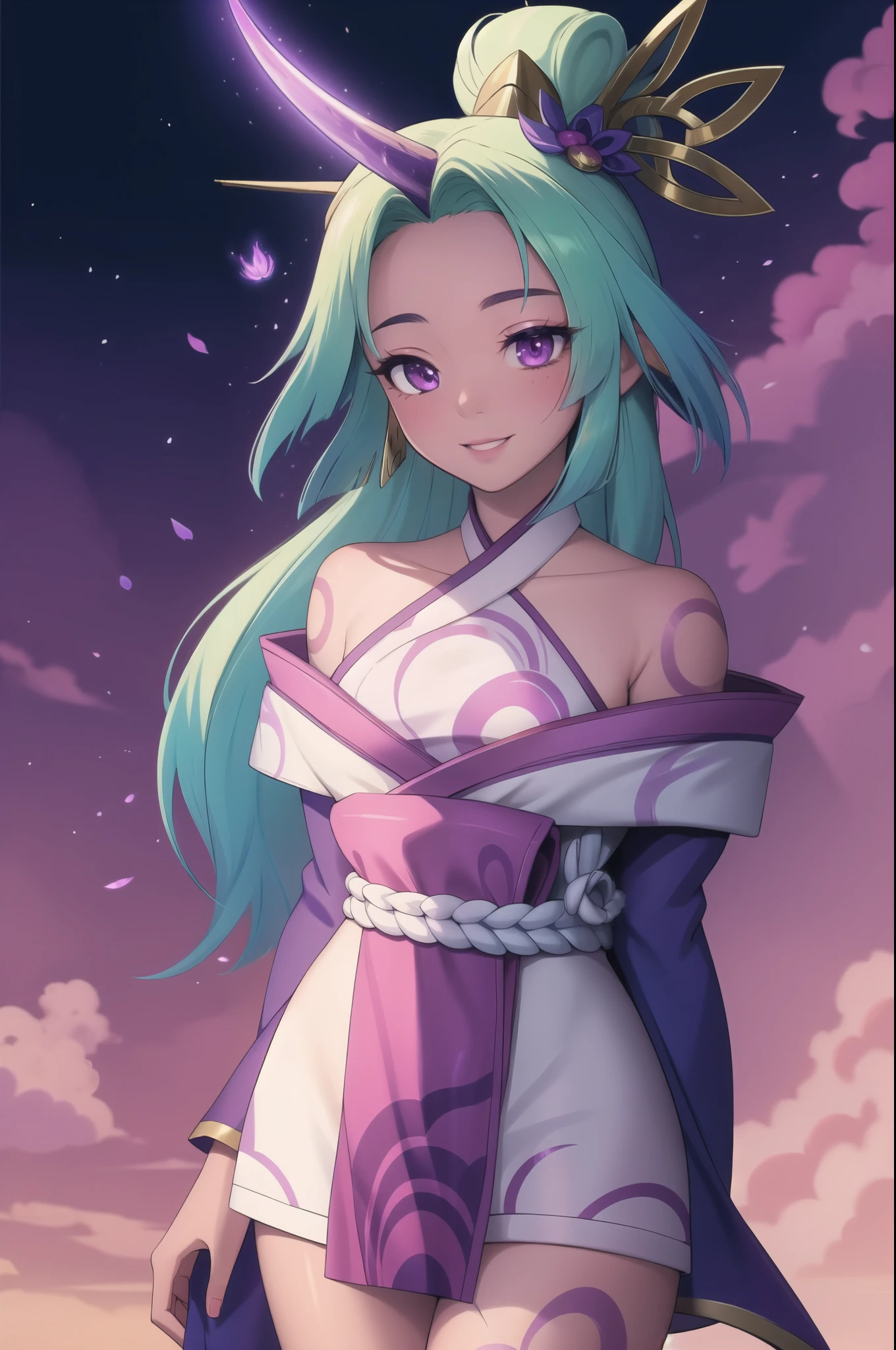 (masterpiece, best quality:1.2), intricate details, spirit blossom soraka, 1girl, purple skin, colored skin, single horn, kimono, hair ornament, bare shoulders, smile