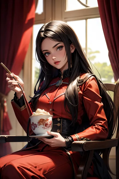 a woman in a red coat sits on a chair with a dragon, popular no artstation pixiv, arte detalhada de animework, arte digital deta...