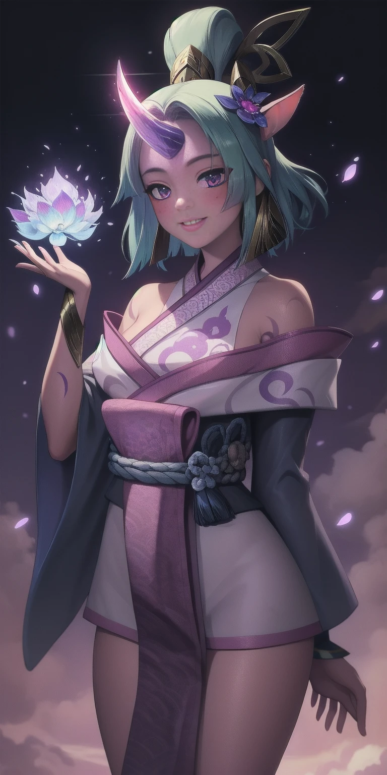 (masterpiece, best quality:1.2) far shot intricate details, spirit blossom soraka, 1girl, purple skin, colored skin, single horn, kimono, hair ornament, bare shoulders, smile