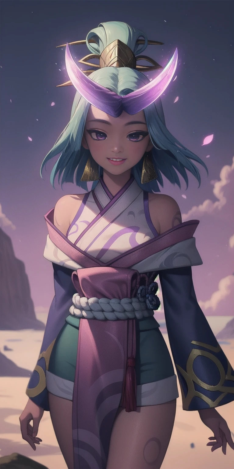 (masterpiece, best quality:1.2) far shot intricate details, spirit blossom soraka, 1girl, purple skin, colored skin, single horn, kimono, hair ornament, bare shoulders, smile