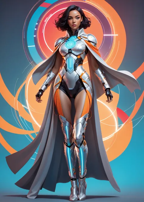 a cyborg warrior woman, full body, 
wearing detailed robes with neckline on the cape, science fiction with hard edges, wires, ci...