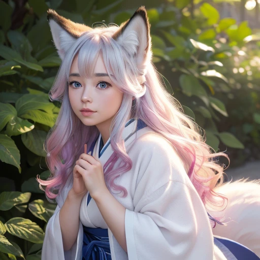 (best quality,4k,8k,highres,masterpiece:1.2),ultra-detailed,(realistic,photorealistic,photo-realistic:1.37),cute,solo girl with white  long wavy hair,blue eyes,fox ears,fluffy fox tail,wearing traditional Japanese  clothing, summer time in Japan,beautiful garden scenery,lush greenery,colorful