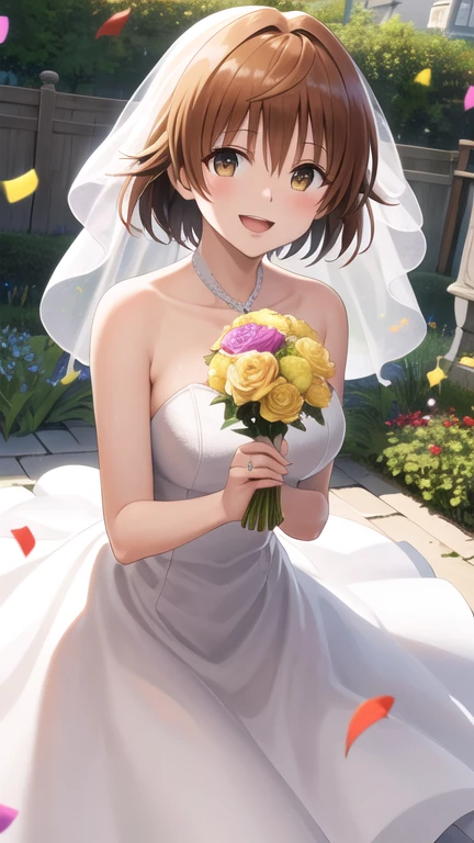 masterpiece, best quality, highres, Yuusaki Riko, short hair, brown eyes, wedding dress, garden, holding bouquet, smile, open mouth, confetti,