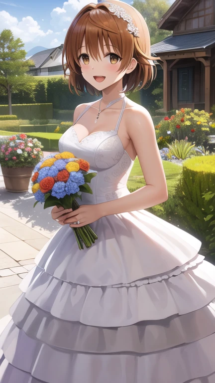 masterpiece, best quality, highres, Yuusaki Riko, short hair, brown eyes, wedding dress, garden, holding bouquet, smile, open mouth, confetti,