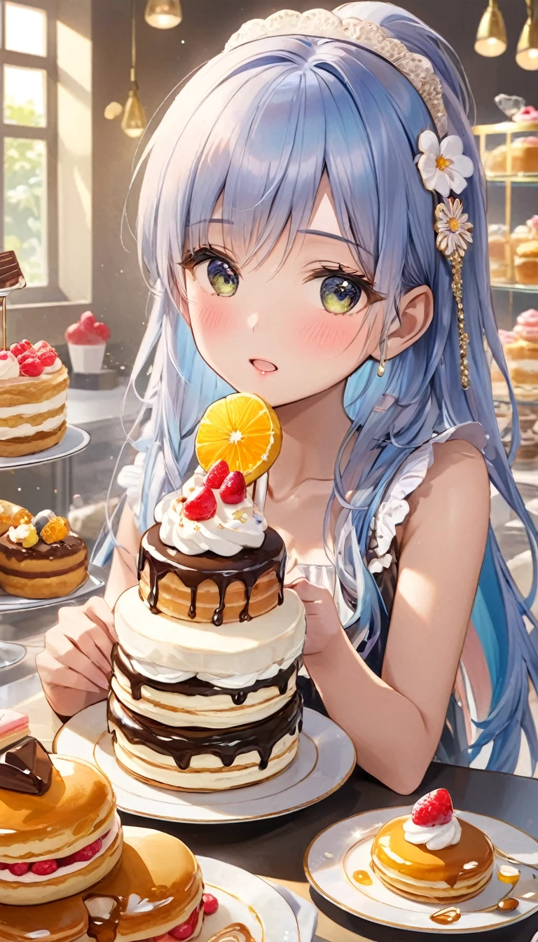 ((masterpiece, best quality, extremely detailed, absurdres)),, masterpiece, best quality, extremely detailed, (((light blue long hair))), long hair cute anime faces,detailed light,parted lips,shiny、beautiful detailed face,,longhair、(((( light blue long hair)))),,10 years old, , 1girl, solo, flat chest, blush, bangs, caramel、Perfect beautiful woman, baker, amazing artwork of bakery, decora inspired illustrations,there is a plate with a stack of pancakes with whipped cream on top, Whipped cream on top, mouthwatering, Cute:2, dessert, a cake, marmalade, cream, whipped cream, caramel, vanilla, recipe, pancake short large head, Warm,, honey, basic、masterpiece, best quality, ultra-detailed, illustration, 1woman, single, solo, sweets, candies, desserts, pastries, cakes, chocolates, cookies, ice cream, frozen yogurt, doughnuts, pastries, sweet treats, sugar, sugar rush, indulgence, pleasure, overindulgence, excess, extravagance, opulence, luxury, riches, wealth, comfort, cozy, warm, inviting, alluring, tempting, seductive, irresistible, mouthwatering, delicious, appetizing,
