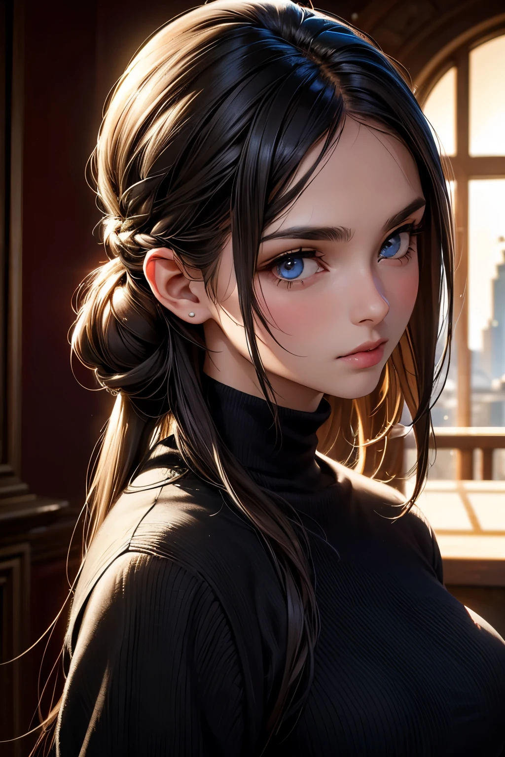 (work of art:1.3), (8k, photorrealistic, CRU photo, best qualityer: 1.4), (1 girl), beautiful  face, (lifelike face), (Bblack hair, shorth hair:1.3), beautiful hairstyle, realisticeyes, beautiful detailed eyes, (realisic skin), beautiful fur, (Sweater), absurderes, appealing, ultra high resolution, ultra realistic, highy detailed, golden ratio