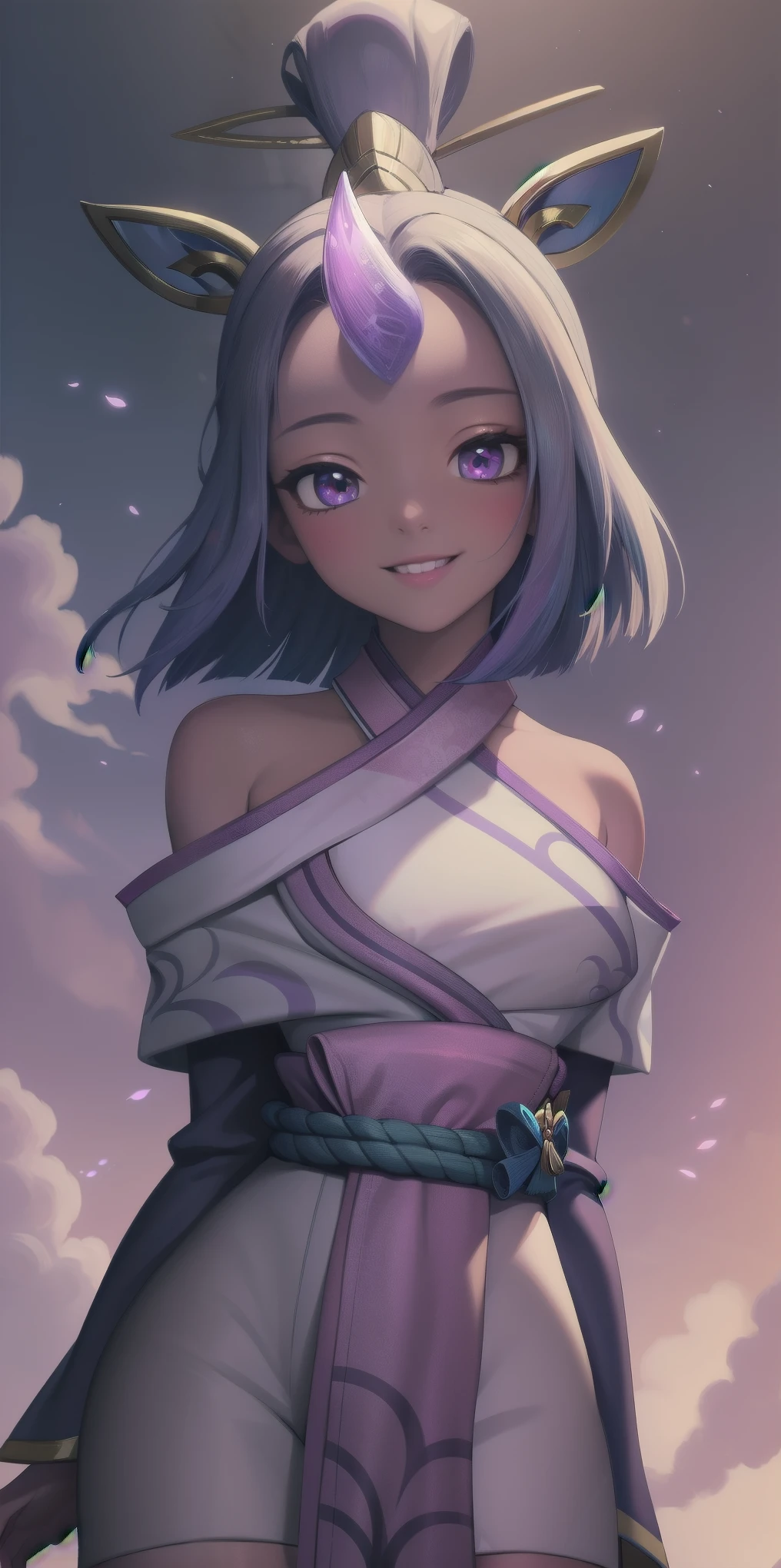 (masterpiece, best quality:1.2) from below intricate details, spirit blossom soraka, 1girl, purple skin, colored skin, single horn, kimono, hair ornament, bare shoulders, smile