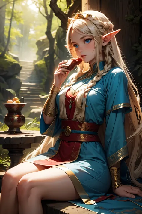 a beautiful elf princess with long braided blonde hair, elf ears, blue eyes, thin lips, round face, medium breasts, wearing a to...