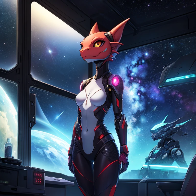 female, furry, metalic, robotic, anthro, kobold, short, small breasts, thin body, standing in cell, science fiction, looking out window, galaxy, stars, high quality, masterpiece,