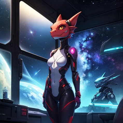 female, furry, metalic, robotic, anthro, kobold, short, small breasts, thin body, standing in cell, science fiction, looking out...