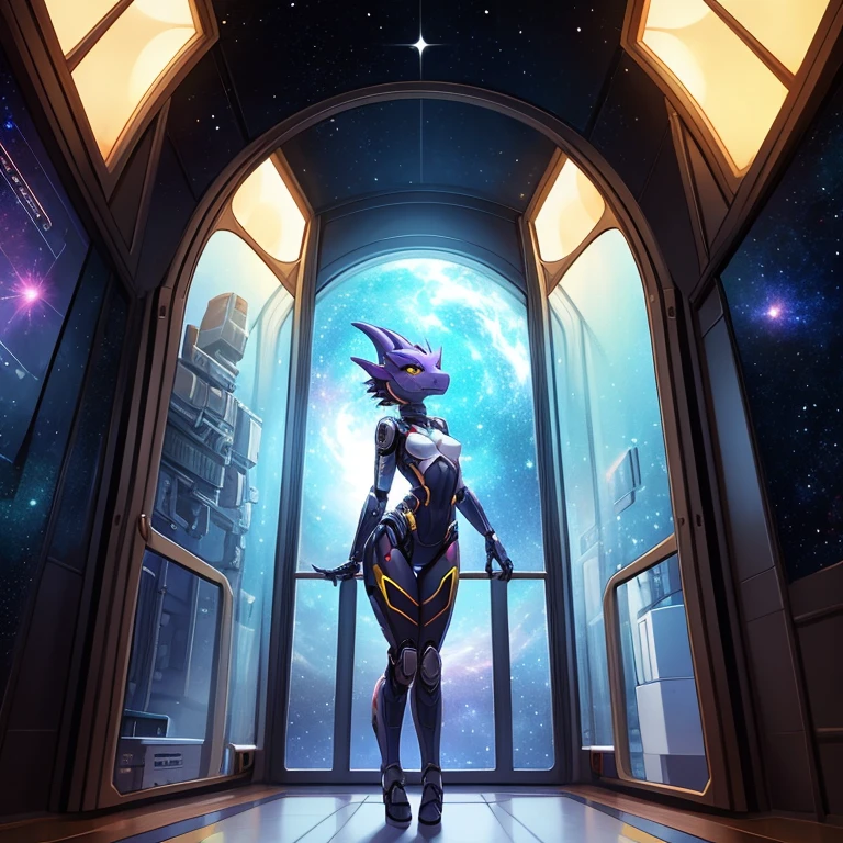 female, furry, metalic, robotic, anthro, kobold, short, small breasts, thin body, standing in cell, science fiction, looking out window, galaxy, stars, high quality, masterpiece,