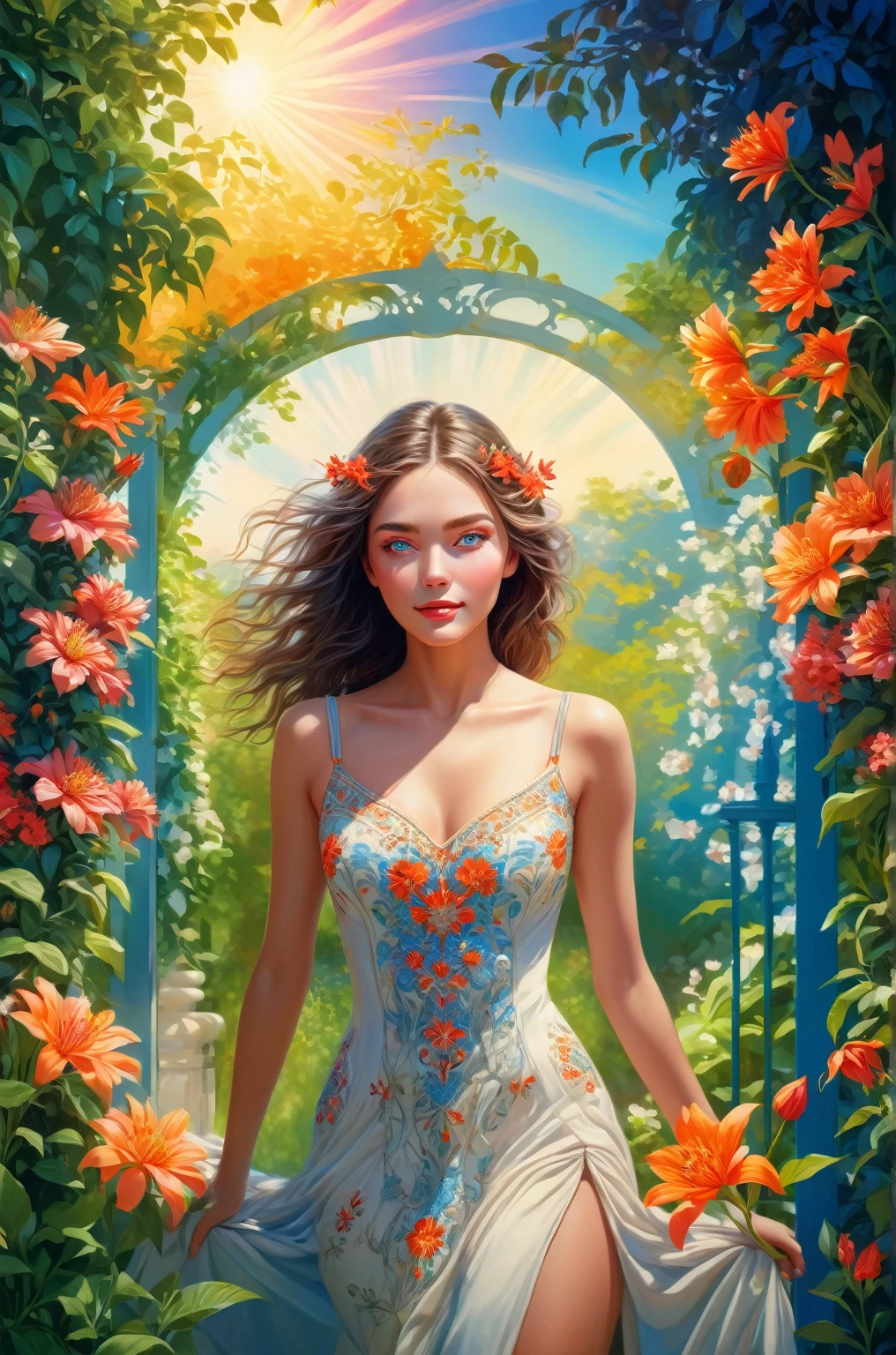 a beautiful girl in a lush garden, vibrant blue sky, red and orange flowers, detailed face and eyes, volumetric lighting, intricate details, photorealistic, high definition, masterpiece, professional digital art, cinematic color palette