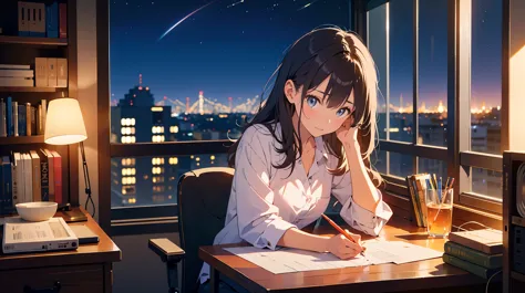 Please draw an illustration of a girl working on a computer late into the night.。The room is dark、The light from the computer sc...